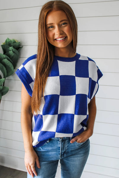 Blue and White Checkered Sweater Vest