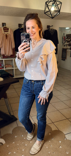 Taupe and White Checkered Button Up Blouse with Ruffle Details