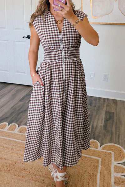 Coffee Brown Gingham Shirred Waist Zip Up Maxi Dress