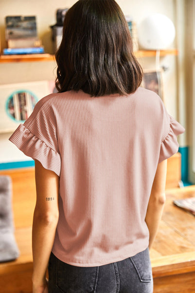 Dusty Pink Ribbed Ruffle Trim Short Sleeve Top