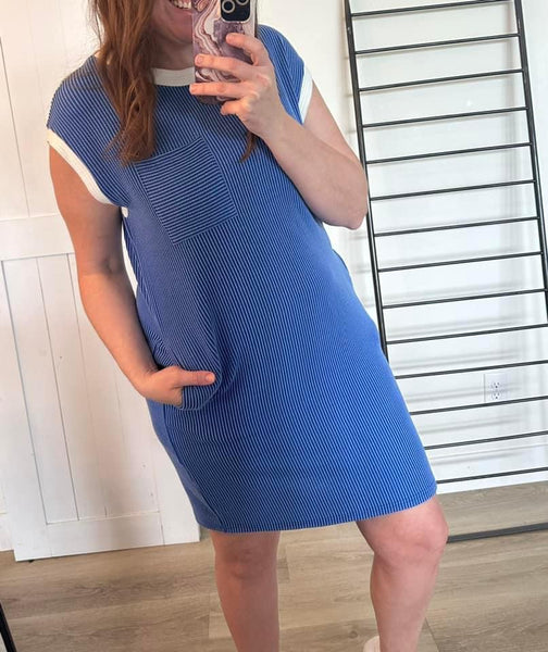 Royal Blue Corded Dress with Pockets - Ribbed