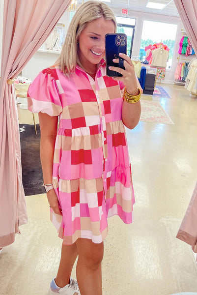 Pink Checkered Tiered Puff Sleeve Dress