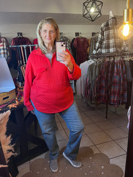 Tomato Quilted Quater Zip Pullover with Kangaroo Pocket