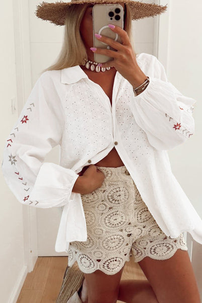 Eyelet Lace Top with Embroidered Sleeves