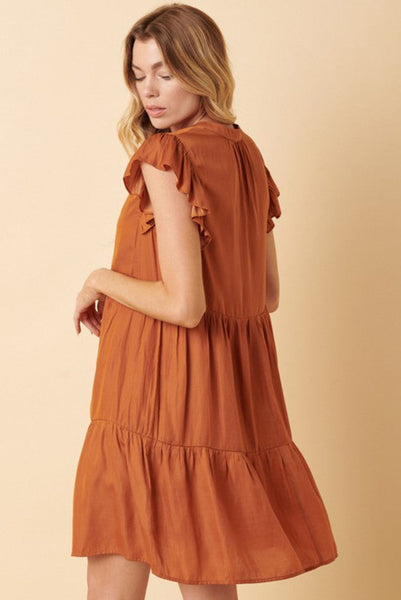 Orange Flowy Fit Dress with Ruffle Sleeves