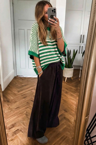 Green Striped Colorblock 3/4 Draped Sleeve Relaxed Sweater