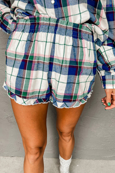 Blue Plaid Long Sleeve Button Up Top and Shorts Pajama Set