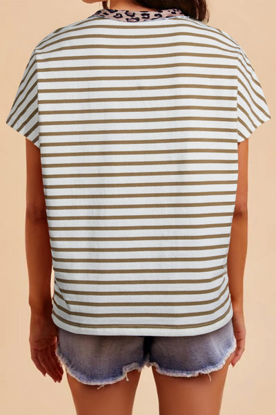 Khaki Striped Top with Leopard Contrast Trim and Side Slits
