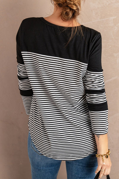 Black Striped Color Block Long Sleeve Top with Pocket