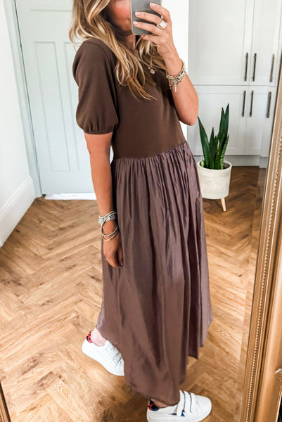 Brown Short Sleeve Knit Top Patchwork Maxi Dress