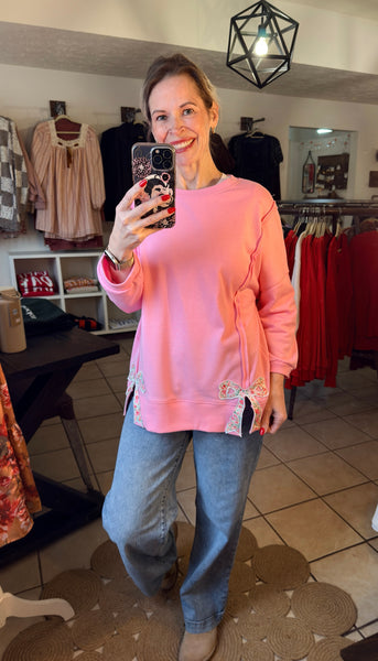 Candy Pink Pullover with Floral Bow Patchwork and Exposed Seams