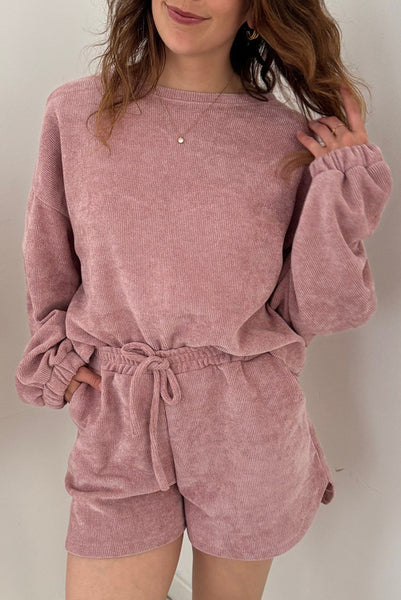 Mauve Ribbed Long Sleeve Top and Shorts Lounge Set