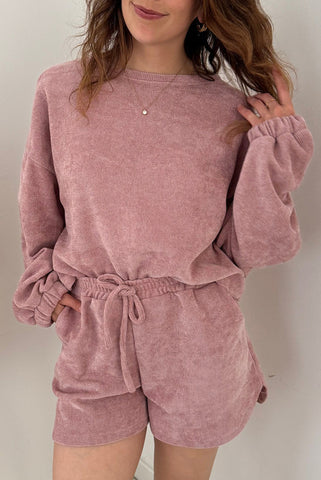 Mauve Ribbed Long Sleeve Top and Shorts Lounge Set