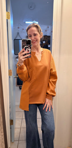 Rust Oversized Fit Mixed Material Pullover with Split V-neckline