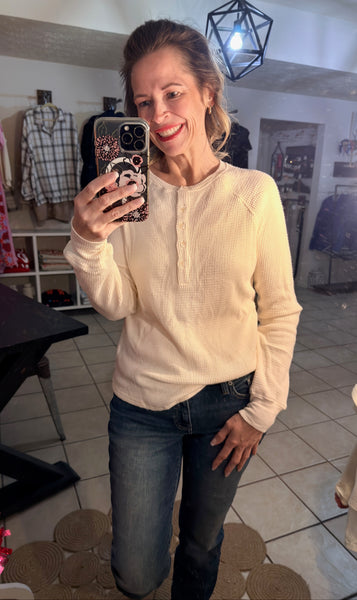 Cream Long Sleeve Waffle Knit Henley Top
