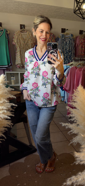 Floral V-neck Long Sleeve Top with Contrasting Trim