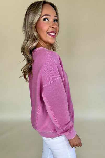 Pink Drop Shoulder Pullover with Notch V-neck