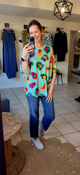Mint Green Colorful Leopard Print Loose Fit Top