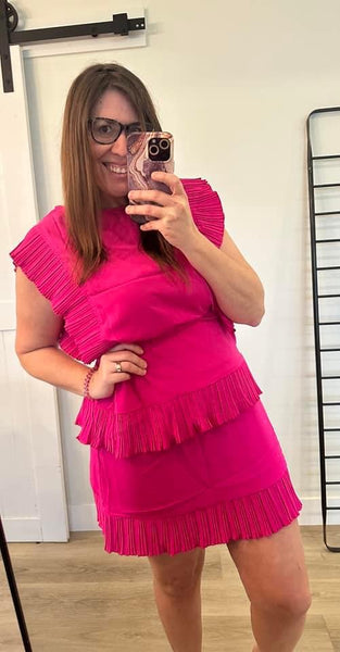 Bright Rose Pink Dress with Pleated Layers