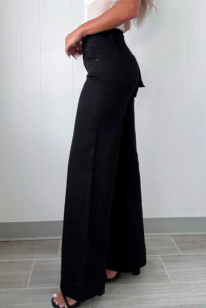 Black Double Button High Waist Wide Leg Jeans