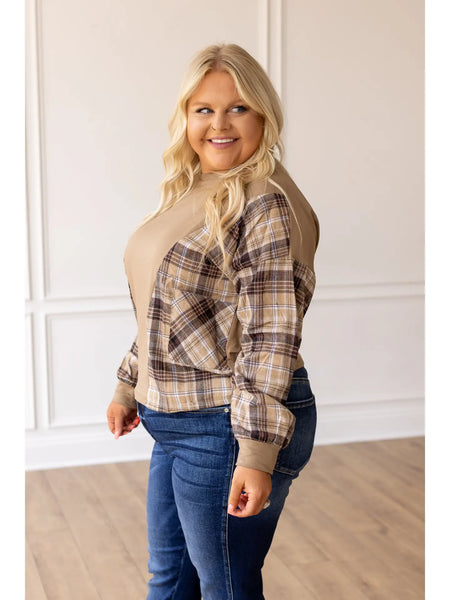 Brown Plaid Colorblock Pullover Top with Pockets