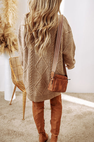 Khaki Cable Knit Sweater Dress - Brown
