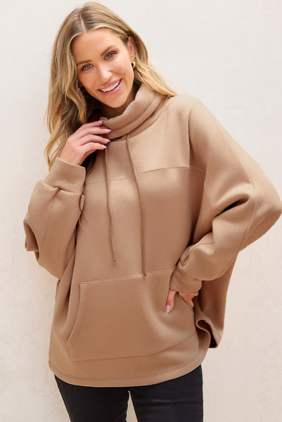 Khaki Cowl Neck Loose Fitting Pullover