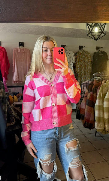 Pink Checkered Button Up Shorter Length Cardigan - Valentines Day