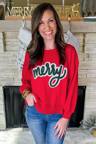 Contrast Script Merry Chenille Patch Lettering on Red Sweatshirt Pullover