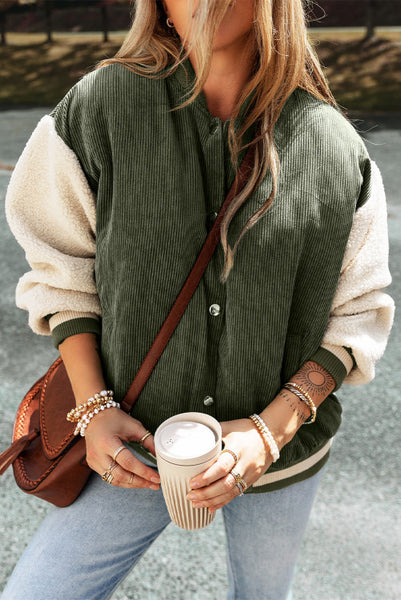 Olive Green Corduroy Bomber Jacket with Contrasting Sherpa Sleeves