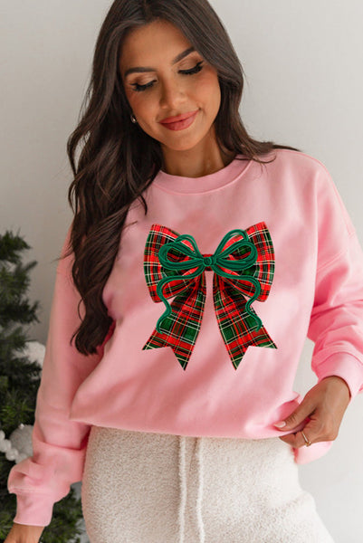 Pink Pullover with Plaid Bow Graphic