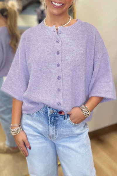 Lavender Purple Half Sleeve Button Up Sweater