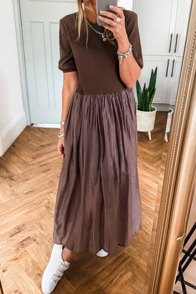 Brown Short Sleeve Knit Top Patchwork Maxi Dress