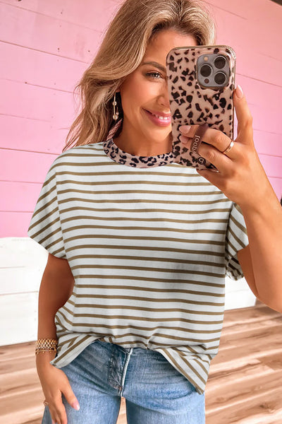 Khaki Striped Top with Leopard Contrast Trim and Side Slits