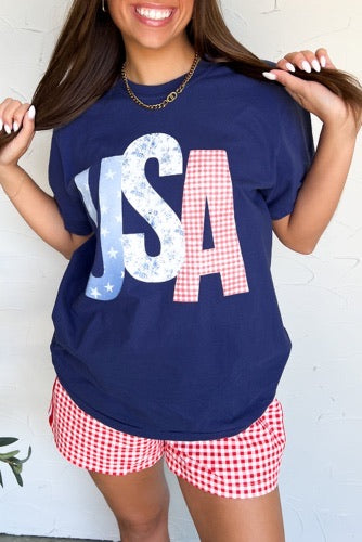Navy Blue Tee with Mixed Pattern USA Graphic - Patriotic - 4th of July - Memorial Day - Veteran's Day - USA