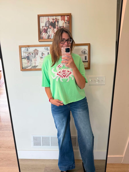 Oversized Embroidered Crab Green Top