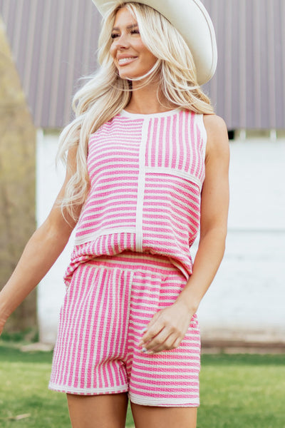 Pink and Cream Striped Patchwork Sleeveless Top and Shorts Set