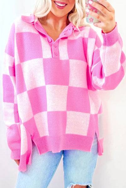 Pink Large Checkerboard Collared Half Button Sweater with Side Slits