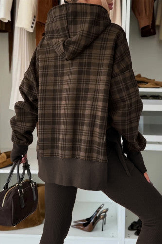 Chicory Coffee and Plaid Hooded Pullover with Side Slits and Thumbholes