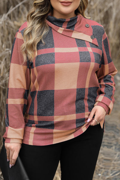 Curvy Plaid Long Sleeve Top with Asymmetric Neckline and Button Details