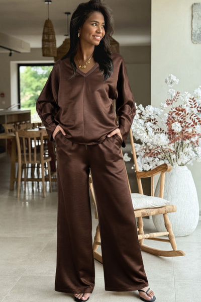 Dark Brown Braided V-Neck Top and Drawstring Pants Set
