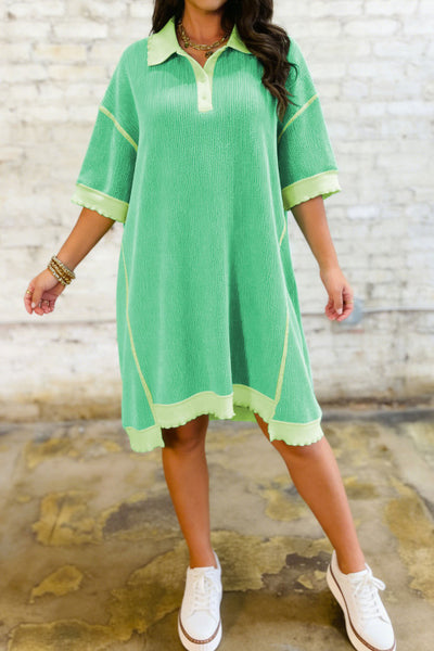 Green Corded Ribbed Loose Fitting Collared Shirt Dress with Uneven Hemline
