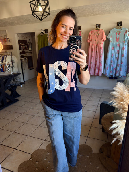 Navy Blue Tee with Mixed Pattern USA Graphic - Patriotic - 4th of July - Memorial Day - Veteran's Day - USA