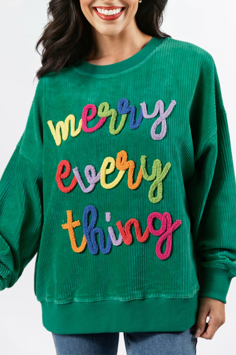 Green Corded MERRY EVERY THING Long Sleeve Pullover