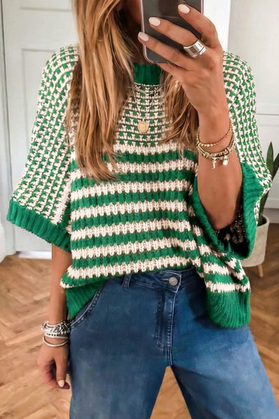 Green Striped Colorblock 3/4 Draped Sleeve Relaxed Sweater