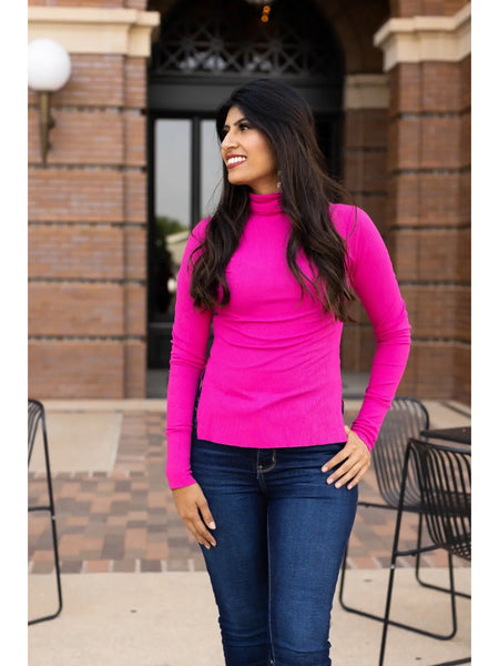 Pink Fitted Long Sleeve Turtleneck with Side Slits