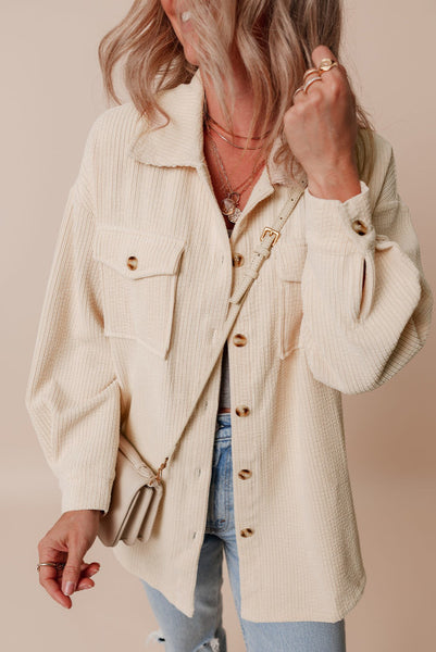 Oatmeal Corduroy Flap Pocket Button Up Longer Length Shacket - Super Soft - Curvy and Regular Sizes