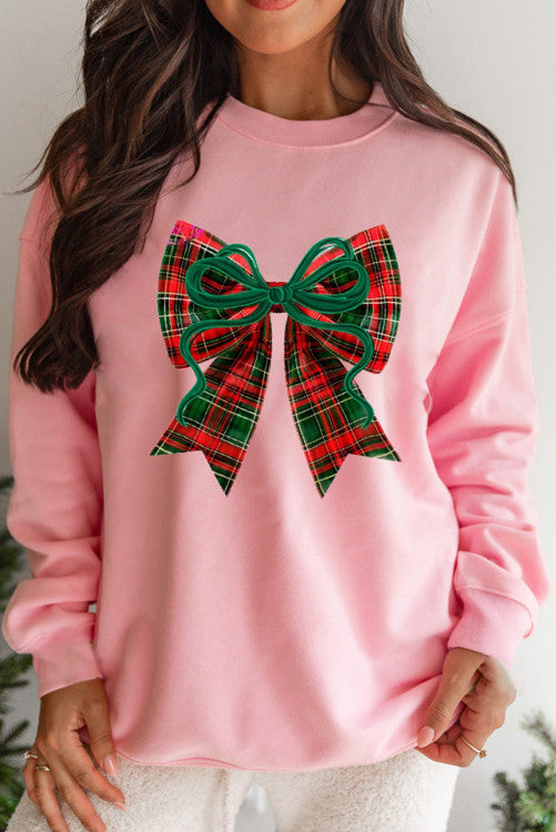 Pink Pullover with Plaid Bow Graphic