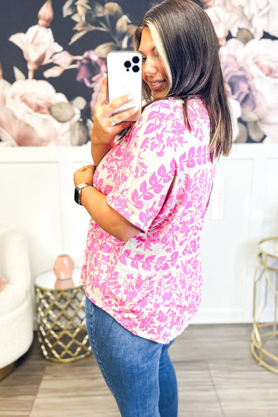 Curvy - Pink and White Floral Top with Curved Hemline