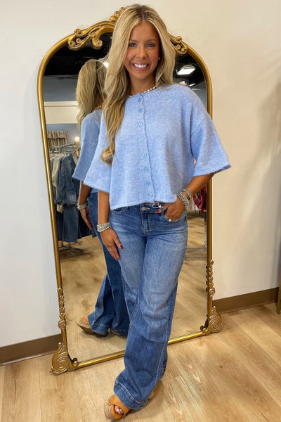 Light Blue Half Sleeve Button Up Sweater